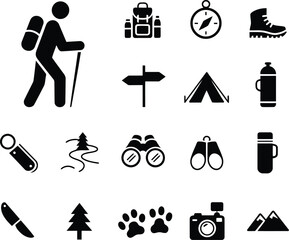 Hiking and Camping Icons Set Equipment, Navigation, and Wildlife Symbols Illustration