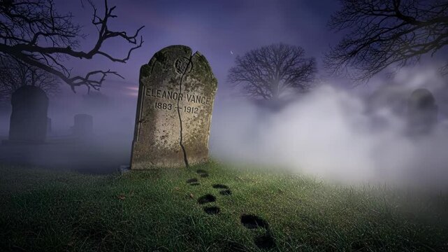 An eerie graveyard scene with a misty atmosphere and haunting tombstone.
