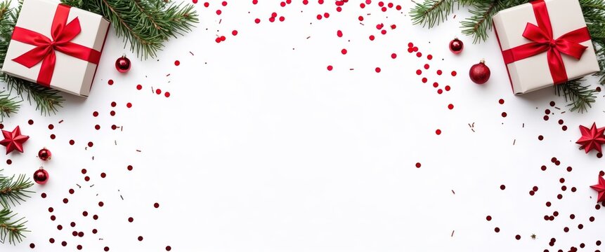 Christmas fir branches, gift boxes with red ribbon, red decoration, sparkles and confetti on white background. Xmas and New Year greeting card, winter holiday. Flat lay, top view