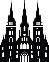 Ornate Church Building Illustration with Three Towers and Crosses Silhouette Design