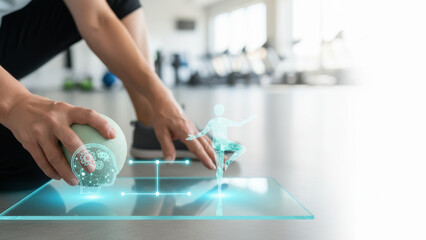 Physical therapy. balance fall prevention seniors rehab session with therapist guiding stability exercise using therapy ball and digital balance