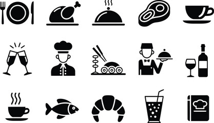 Restaurant Menu Icon Set Food, Drinks, Chef, and Service Graphics Collection