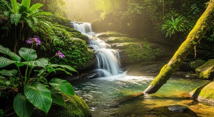 Fototapeta premium Lush Green Waterfall Cascading Through A Tropical Forest With Sun Beams And Moss Covered Rocks