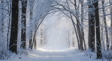 Enchanting winter forest path with snow-covered trees forming an archway, illuminated by sun rays and gentle falling snowflakes.