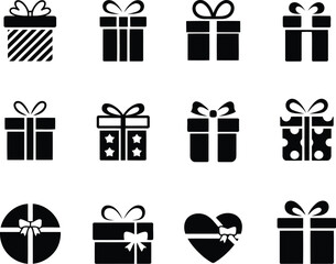 Variety of Black Gift Box Icons with Ribbons in Different Styles