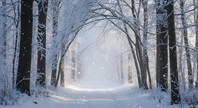 Enchanting winter forest path with snow-covered trees forming an archway, illuminated by sun rays and gentle falling snowflakes. - Powered by Adobe