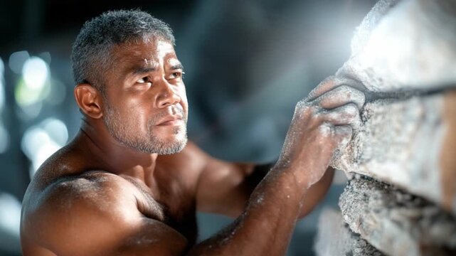 Bricklaying with Determination: A focused craftsman, muscular and weathered, meticulously lays a brick, showcasing the grit and artistry of construction. The scene is illuminated.