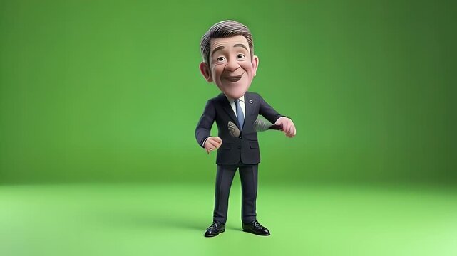Animated cartoon businessman presenting on green backdrop