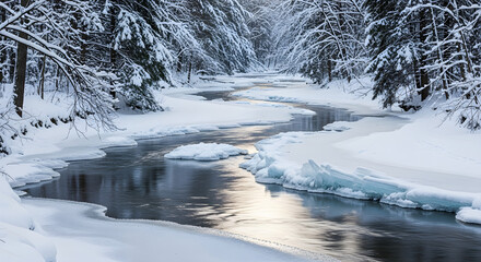 Serene winter landscape featuring a winding river with intricate ice formations flowing through a snow-covered forest