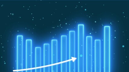 Abstract Blue Neon Bar Graph with Floating Particles on Dark Teal Background glowing.Glowing blue bars with floating particles on dark teal background highlight financial performance and analytics.