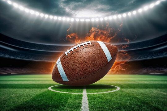 Flaming American Football on Stadium Field Under Bright Lights