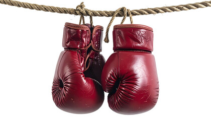 Two vintage red leather boxing gloves hanging from a knotted rope against a black backdrop
