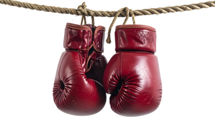 Two vintage red leather boxing gloves hanging from a knotted rope against a black backdrop
