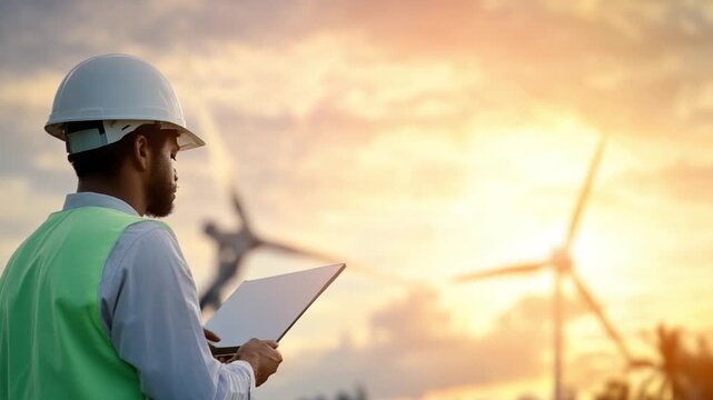 Engineer with Wind Turbines: An engineer wearing a safety helmet and vest stands before a backdrop of wind turbines, meticulously examining a digital tablet, symbolizing sustainable energy. 