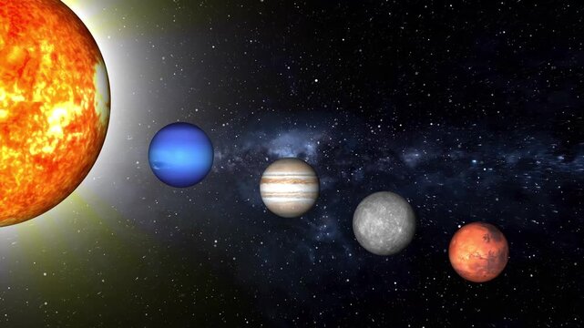 Glowing Sun with planets like Mercury and Mars in nebula-filled starry space conveys cosmic structure and solar system. Solar System Planets and Sun in Starry Space with Nebula mercury mars.