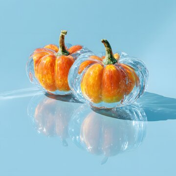 "Ice Pumpkins as Surreal Art Object"

The image presents a striking and surreal still life featuring two bright orange mini-pumpkins encased in clear, polished ice. The pumpkins are positioned on a hi
