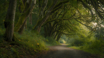 Obraz premium Serene Nature Trail in Forest Path with Dappled Sunlight and Lush Greenery