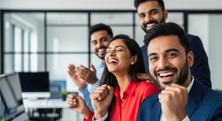 Obraz premium Indian business team rejoicing success with blurred modern office background