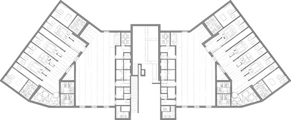 Modern architectural apartment floor plan layout, showing detailed multi-unit design, room divisions, efficient space planning, and contemporary residential layout.