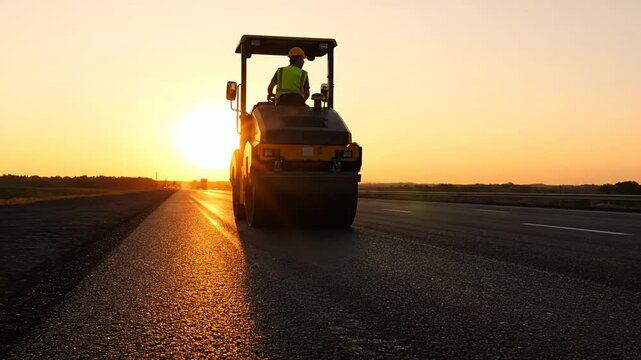 Worker operating road roller machinery paving asphalt highway at bright sunset