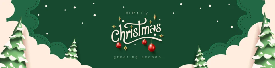 Selbstklebende Fototapeten Marienkäfer Horizontal green Merry Christmas and Happy New Year greeting card header banner in paper art style with snowy winter landscape snow covered trees for holiday message and festive background  © bokmok