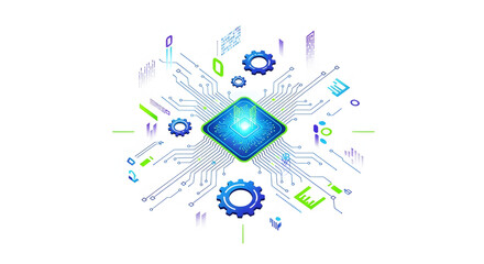 Conceptual illustration of an advanced AI processor, featuring intricate digital circuits and data flow, embodying innovation in computing and the future of technology