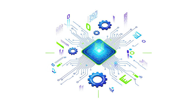 Conceptual illustration of an advanced AI processor, featuring intricate digital circuits and data flow, embodying innovation in computing and the future of technology