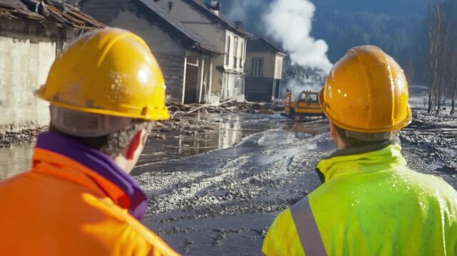 Assessment of Destruction: two figures in safety vests and hard hats surveying the aftermath of a natural disaster, embodying the spirit of resilience in the face of adversity.