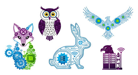Creative Collection of Tech-Inspired Animal Illustrations Featuring Foxes, Owls, Rabbits, and Eagles