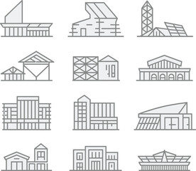 Modern architectural building icons set, commercial real estate, office complexes, warehouses, stadiums, urban infrastructure, minimalistic gray line style design.