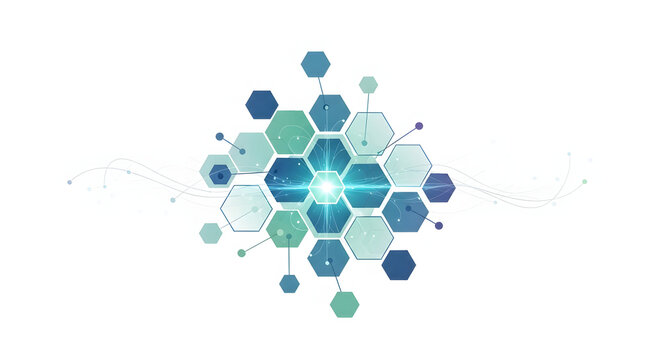 Futuristic technology concept showing a network of interconnected hexagons with a glowing digital core