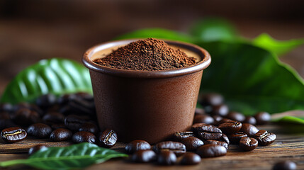 Freshly roasted coffee beans overflow from a rustic ceramic cup to create a professional still life composition of aromatic beans and a steaming cup of coffee