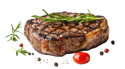 Grilled beef steak with rosemary isolated on transparent background, close up