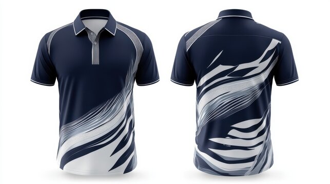 front and back view of a cricket team jersey mockup, featuring dark blue, silver, and white isolated on a white background