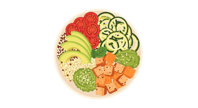 Vibrant vegetarian bowl with fresh avocado, quinoa, tofu, and tomatoes for a healthy and delicious meal perfect for food blogs and nutritional guides