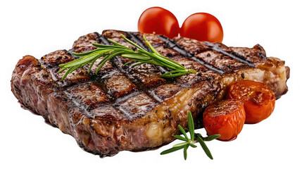 Grilled beef steak with tomatoes and rosemary isolated on transparent background