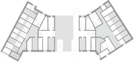 Modern architectural floor plan of student dormitory layout, featuring symmetrical rooms, efficient design, shared living spaces, and private bedrooms