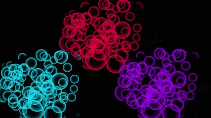 Floating clusters of glowing cyan, magenta, and purple spheres forming mesmerizing abstract digital design. Clusters of Cyan, Magenta, and Purple Bubbles on Black abstract background. - Powered by Adobe
