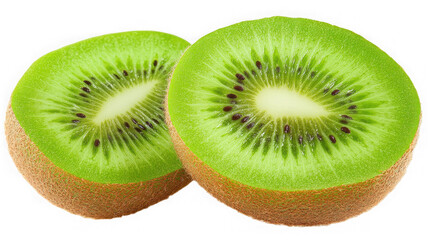 Two halves of a fresh kiwi fruit isolated on transparent background, close up