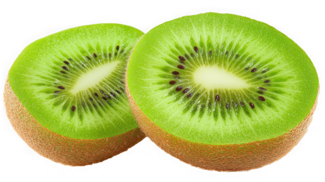 Two halves of a fresh kiwi fruit isolated on transparent background, close up