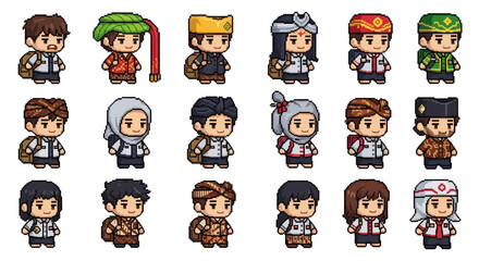Obraz premium Indonesian Ethnic Diversity Pixel Art Characters