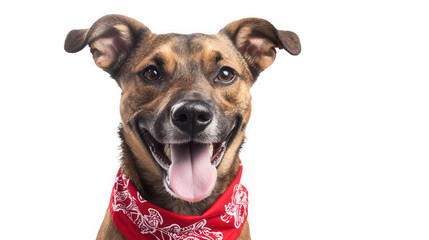 Happy dog with a red bandana isolated on transparent background looks at camera