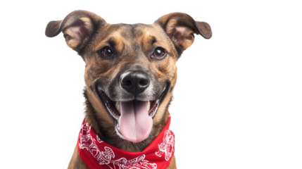 Happy dog with a red bandana isolated on transparent background looks at camera