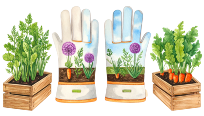 Watercolor image of gardening gloves with carrot boxes, filled with growing carrots and plants