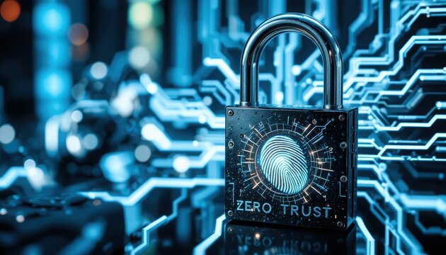 Futuristic padlock illustrating Zero Trust Architecture (ZTA) principle: Never Trust, Always Verify. Digital fingerprint security, identity access control, and cyber protection.