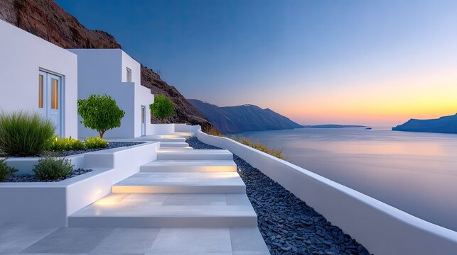 Scenic Coastal Walkway at Sunset with White Architecture and Ocean Views