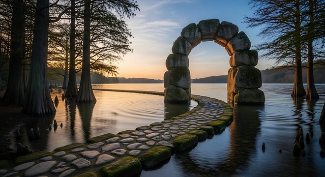 Ancient Stone Archway Over Water at Sunset.