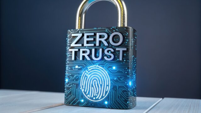 Futuristic padlock illustrating Zero Trust Architecture (ZTA) principle: Never Trust, Always Verify. Digital fingerprint security, identity access control, and cyber protection.