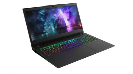 Modern gaming laptop with colorful keyboard isolated on transparent background