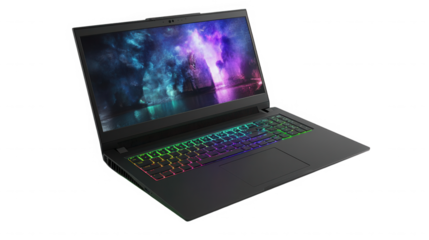 Modern gaming laptop with colorful keyboard isolated on transparent background